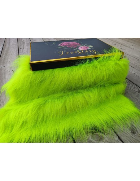 Kožešinový lem na kapuci a kabát – zářivě zelený neon, šíře 10 cm, vlas 90 mm